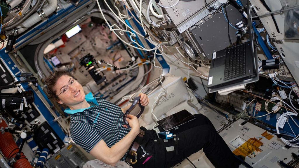 NASA astronaut Christina Koch sets up Fiber Optic Production, an investigation to create optical fibers in microgravity that may exhibit superior quality to those produced on Earth.