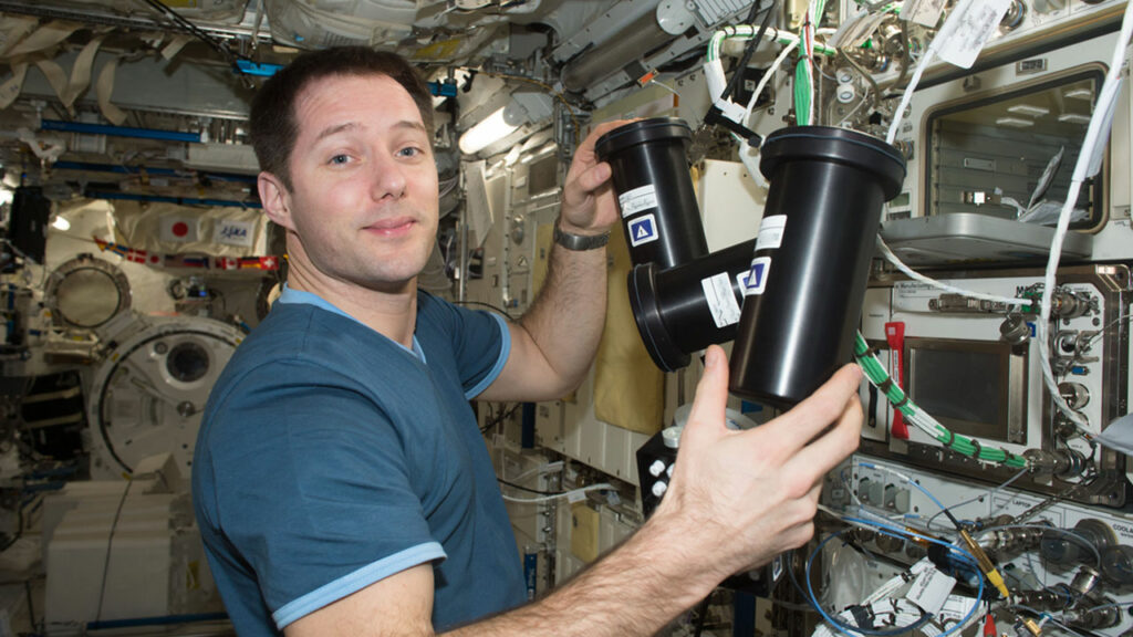 ESA astronaut Thomas Pesquet removing the Protein Crystallization Facility hardware from the incubator on the ISS for Mercks investigation.