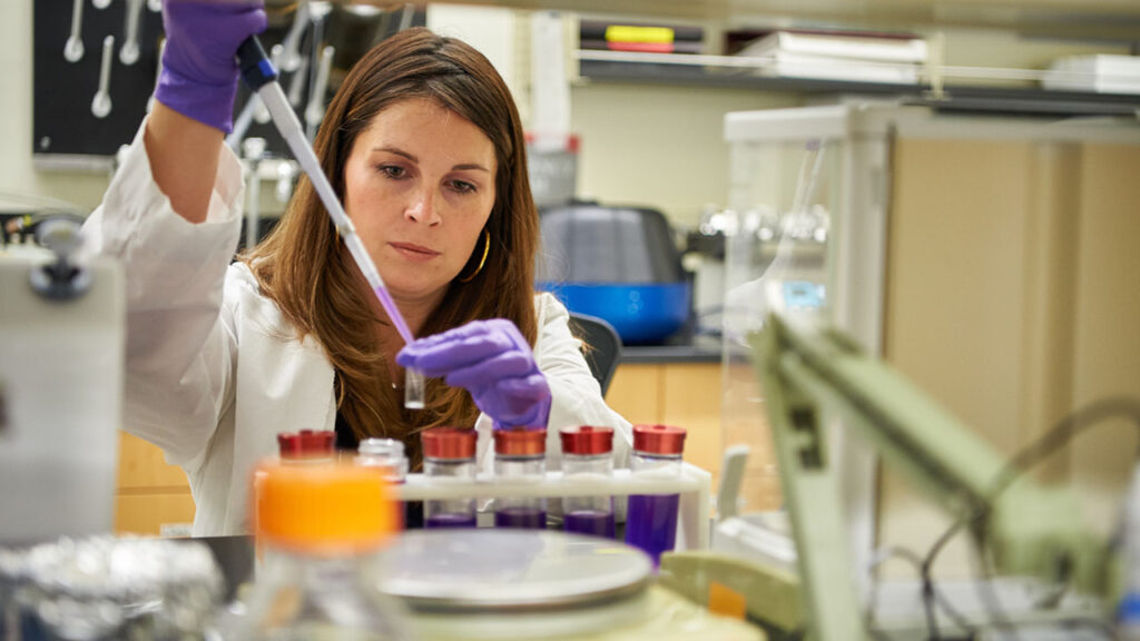 LambdaVision President and CEO Nicole Wagner purifying the protein for use in the retinal implant.