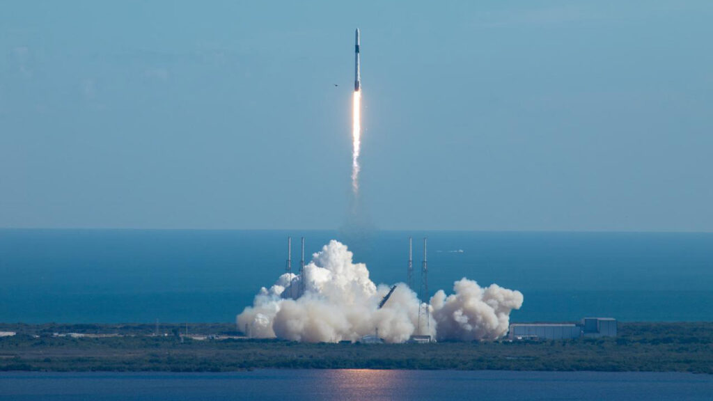 The SpaceX Falcon 9 rocket with the Dragon cargo module lifts off Space Launch Complex 40 on Cape Canaveral Air Force Station in Florida in the early afternoon on Dec. 5, 2019. Liftoff was at 12:29 p.m. EST. This is SpaceXs 19th Commercial Resupply Services (CRS 19) mission for NASA to the International Space Station. The Dragon cargo module will deliver more than 5,700 pounds of science and research, crew supplies and vehicle hardware to the orbital laboratory and its crew.