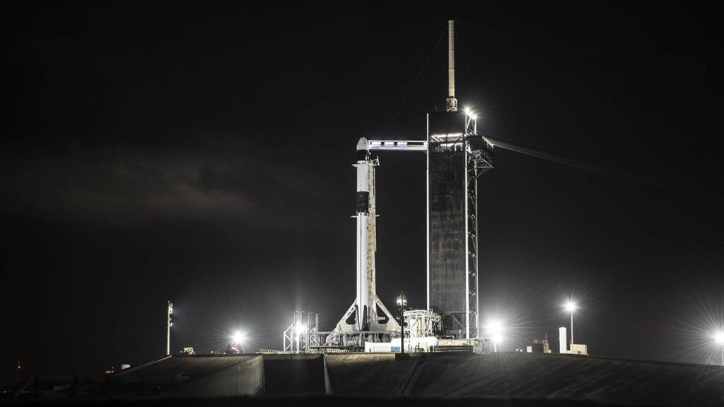 SpaceXs Falcon 9 rocket with Dragon spacecraft at Launch Complex 39A at NASAs Kennedy Space Center on Dec. 19, 2021, in preparation for launch with liftoff scheduled on Dec. 21, 2021.