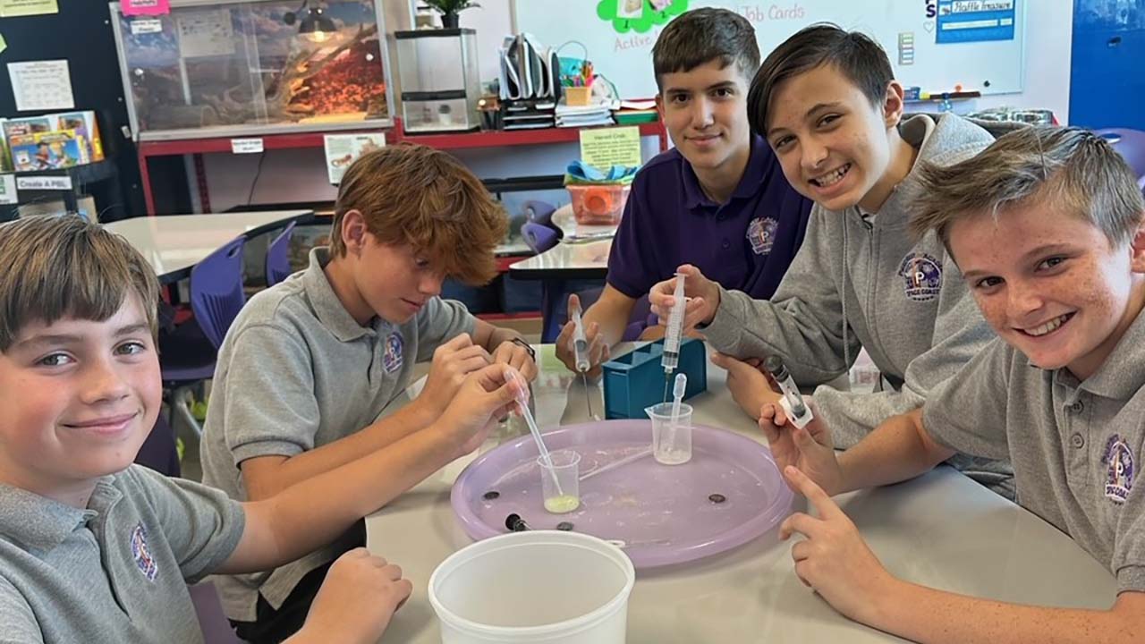 Pinecrest Academy Space Coast students Liam Hauser, Connor Santore, Eric Distasi, Evan Ireland, and Luke Costa optimizing experiment processes for E-coli and endotoxin detection in microgravity via LAL- Horseshoe crab blood testing for future flight with the SSEP.