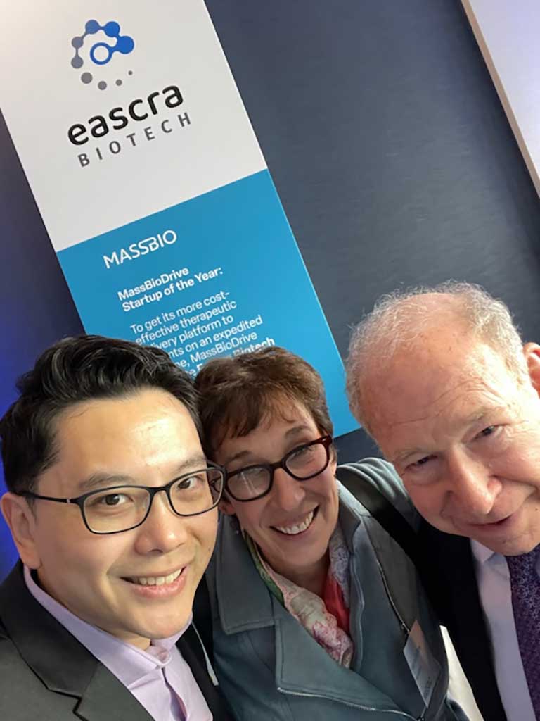 upward-81-janus-eascra-team-april-2024 Yupeng Chen (left) and Mari Anne Snow (middle) with Eascra Biotech science advisor Gary du Moulin (right) when the company was named 2024 MassBioDrive Startup of the Year.