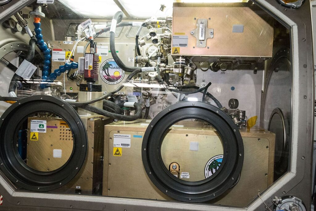 iss047e004376 (3/11/2016) --- A view during the installation and configuration of the Observation and Analysis of Smectic Islands in Space (OASIS) hardware into the Microgravity, in the U.S. Laboratory. OASIS studies the unique behavior of liquid crystals in microgravity, including their overall motion and the merging of crystal layers known as smectic islands. Liquid crystals are used for display screens in televisions and clocks and they also occur in soaps and in cell membranes. The experiment allows detailed studies of the behavior of these structures and how microgravity affects their unique ability to act like both a liquid and a solid crystal.