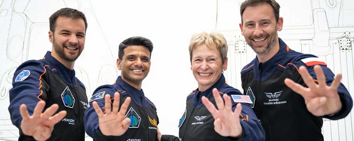 [Left] Ax-4 Mission Specialist Tibor Kapu, Pilot Shubhanshu Shukla, Commander Peggy Whitson, and Mission Specialist Sławosz Uznański-Wiśniewski