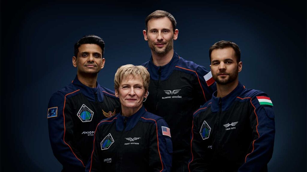 Left to right - Pilot Shubhanshu Shukla, Commander Peggy Whitson, and Mission Specialists Sławosz Uznański and Tibor Kapu