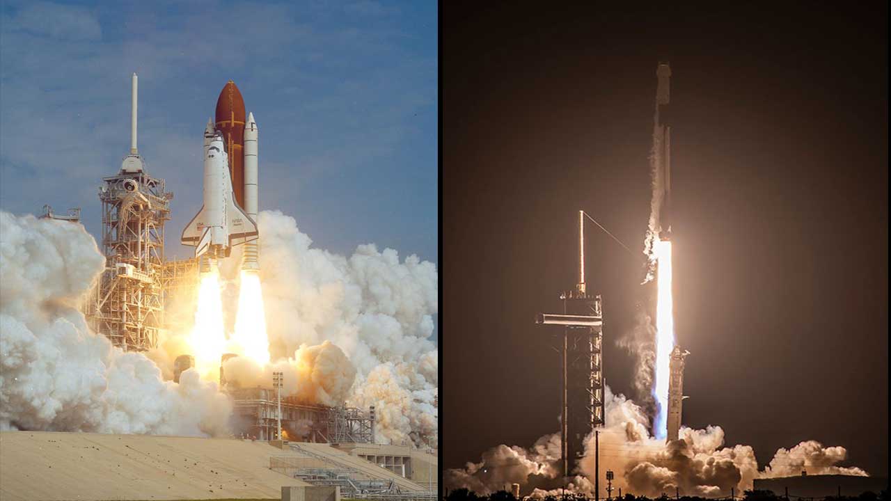 (Left) Space Shuttle Atlantis, the STS-37 mission launched April 5, 1991 and (Right) NASA's SpaceX 32 on April 21, 2025