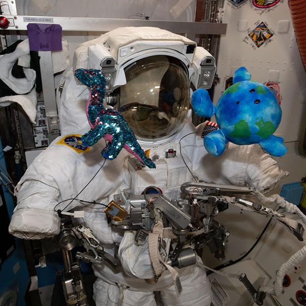 Mascots Tremor and Little Earth float by a U.S. spacesuit in the Quest airlock of the ISS.