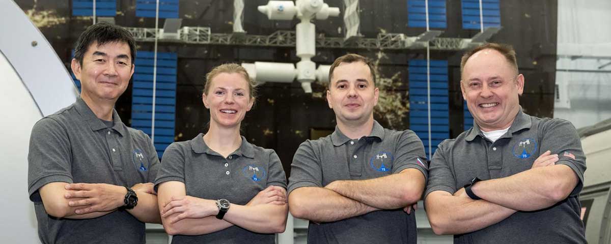 NASA’s SpaceX Crew-11 crew poses for a portrait at the Space Vehicle Mockup Facility at NASA’s Johnson Space Center.