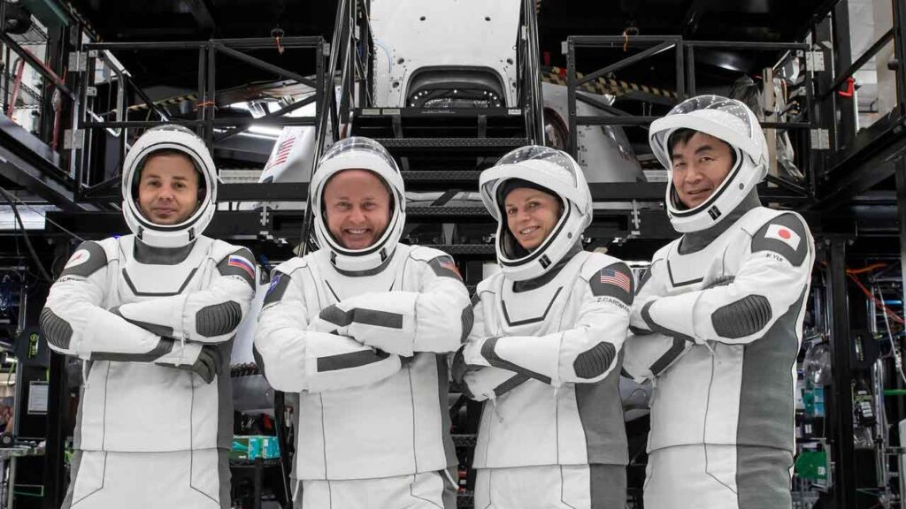 The crew of NASA’s SpaceX Crew-11 mission pose for a photo during a training session for their upcoming trip to the International Space Station at SpaceX facilities in Florida. From left: Oleg Platonov, Mike Fincke, Zena Cardman, and Kimiya Yui.