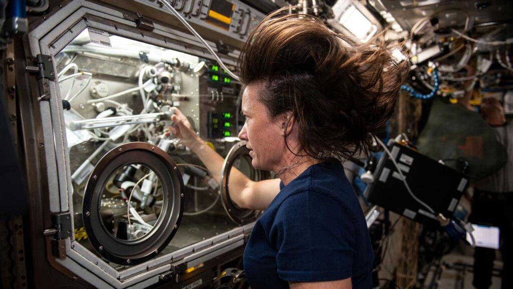 NASA astronaut Megan McArthur swapping samples for a space physics study that has the potential for improved technology used in producing semiconductor crystals.