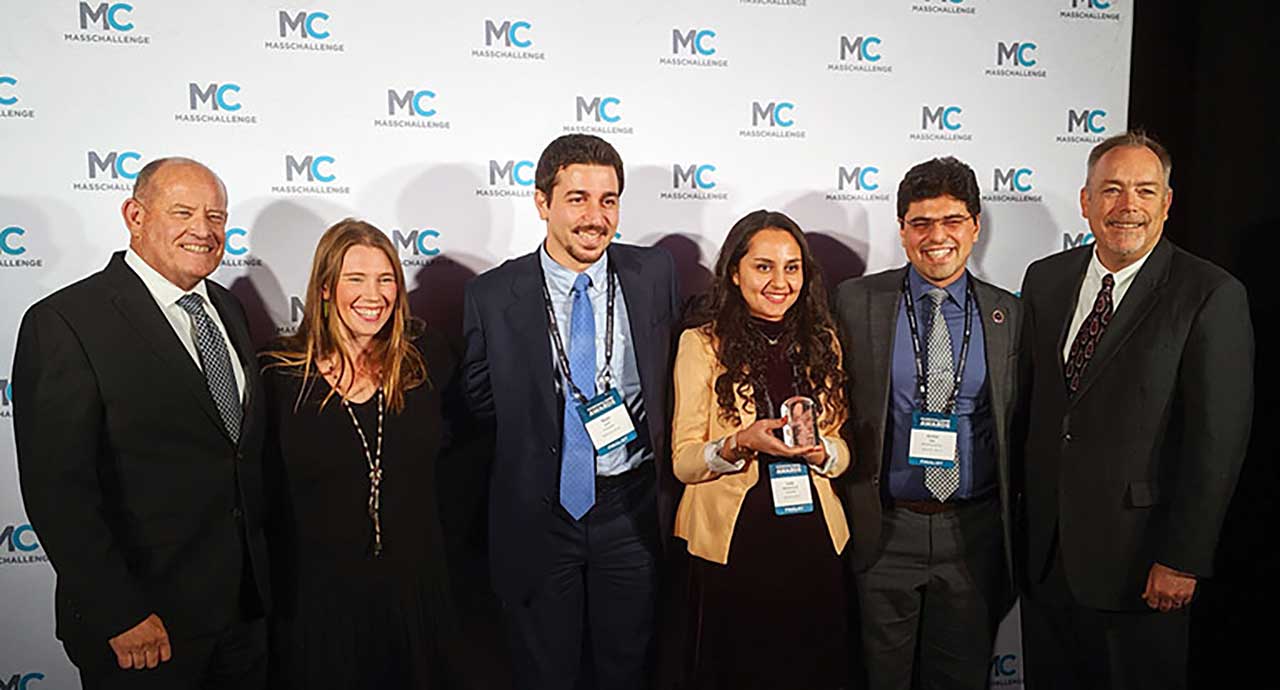 upward-82-encapsulate-masschallenge At the 2019 MassChallenge awards ceremony, from left: Scott Copeland (Boeing), Rachel Clemens (ISS National Lab), Reza Amin, Leila Daneshmandi, Armin Rad (Encapsulate), and Kevin Foley (Boeing).
