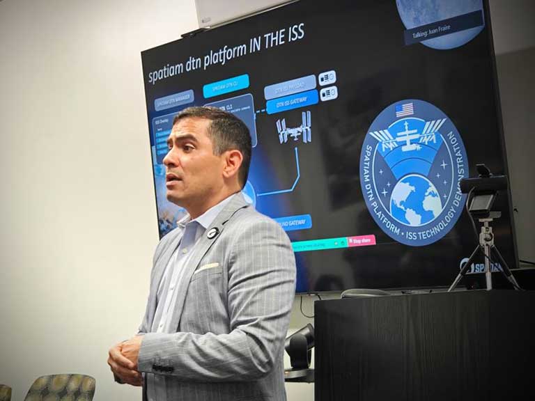 Alberto Montilla presented preliminary findings from Spatiam's ISS technology demonstration at the 2024 Space-Terrestrial Internetworking Workshop in Mountain View, California.