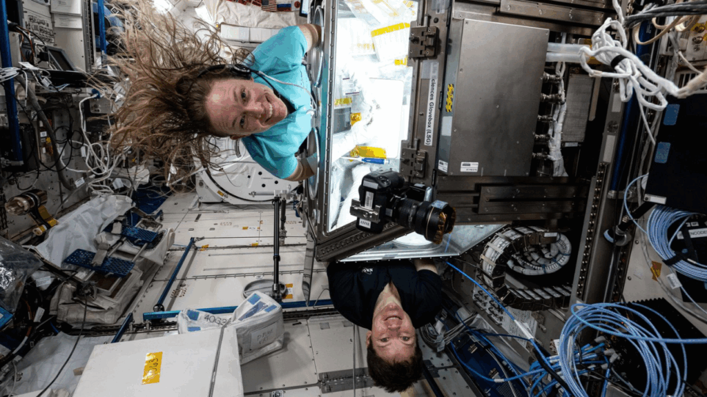 NASA astronauts Anne McClain, top, and Nichole Ayers, right, use the space station’s Microgravity Science Glovebox to work on DNA Nano Therapeutics-Mission 2 from UConn/Eascra Biotech.