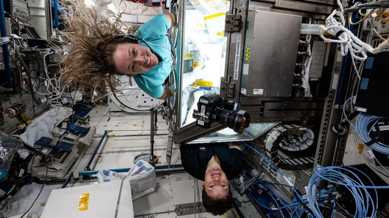 NASA astronauts Anne McClain, top, and Nichole Ayers, right, use the space station’s Microgravity Science Glovebox to work on DNA Nano Therapeutics-Mission 2 from UConn/Eascra Biotech.