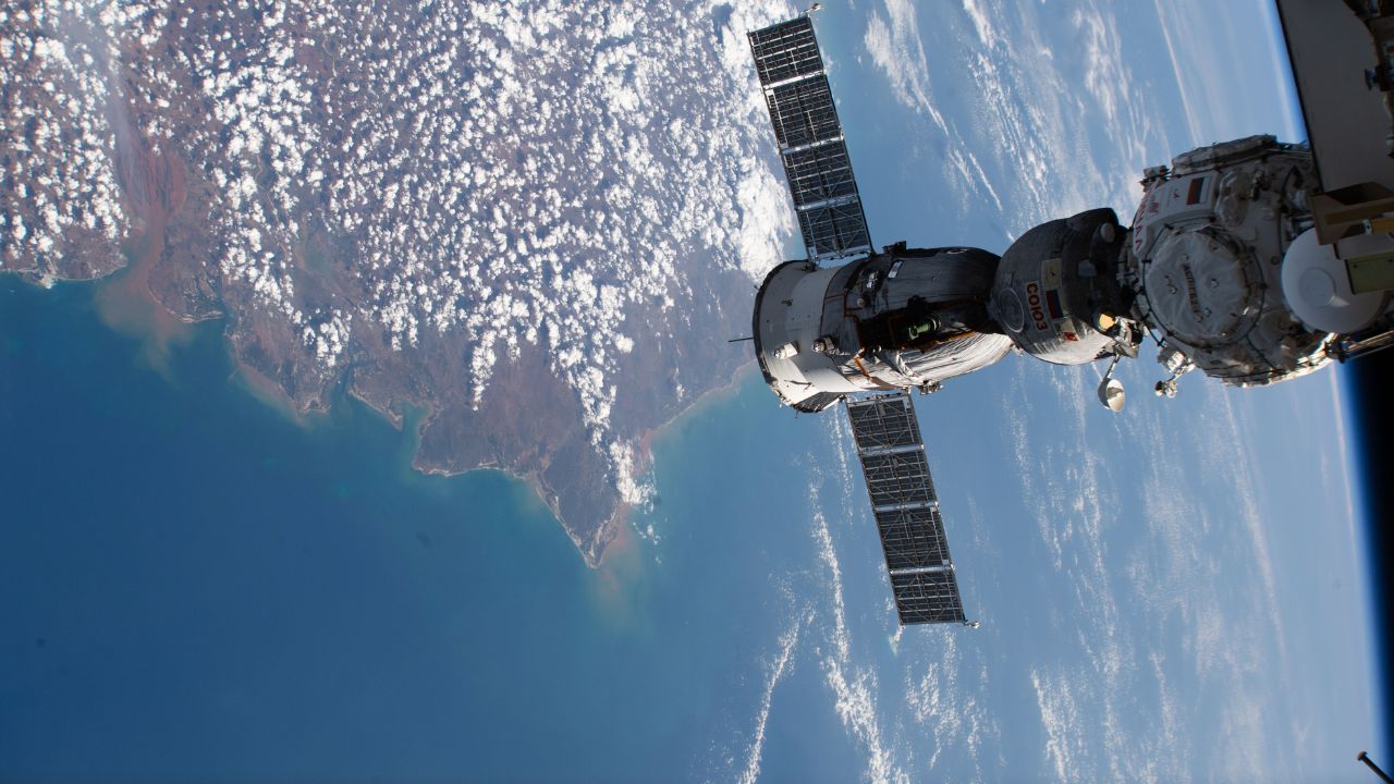 Soyuz MS-27 spacecraft docked to the Prichal module above Madagascar