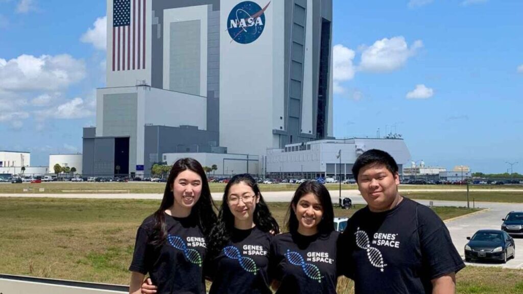Aarthi Vijayakumar with teammates Michelle Sung, Rebecca Li, and David Li at Kennedy Space Center before their Genes in Space project launched in May 2023.