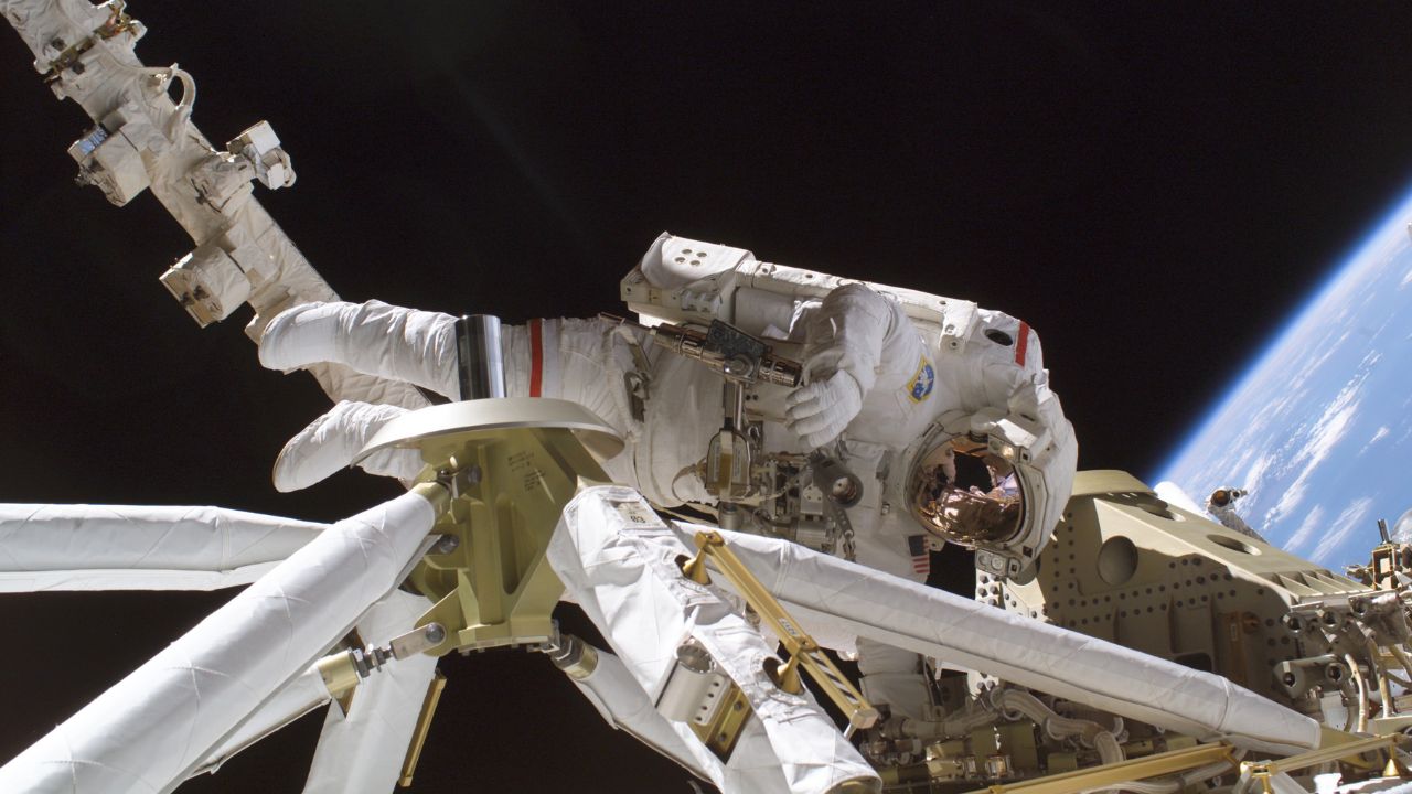 EVA-1280x720 NASA astronaut Robert Curbeam, mission specialist, in the first of three planned sessions of extravehicular activity (EVA) in 2006, as construction of the ISS took place.