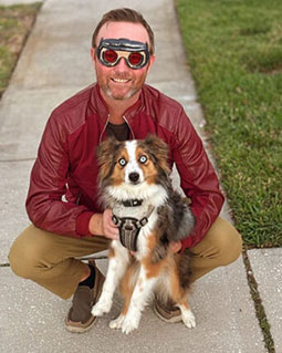 Patrick-and-Rocket-v2-podcast Patrick O'Neill with the unofficial mascot of Between a Rocket & a Hard Space, Rocket the Mini Aussie.