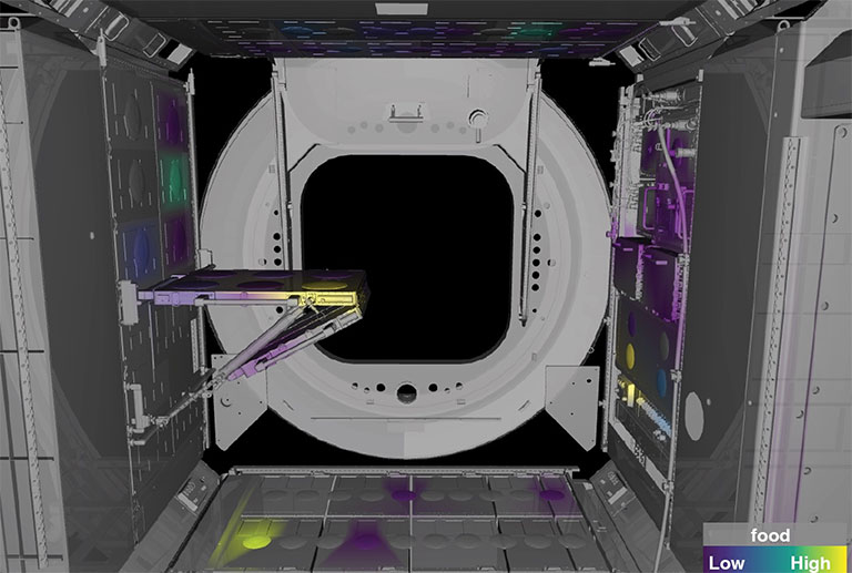 This visualization of the ISS Node 1 module shows where food-associated microbes accumulate during daily life in orbit, with analysis tracing each microbial signature to likely sources, such as food, crew, and equipment.