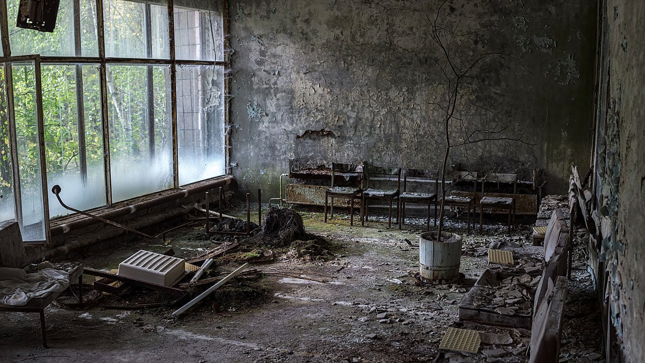 Interior of destroyed building in Chernobyl, Ukraine