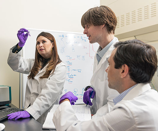 Case-Study-LambdaVision-Investigator LambdaVision CEO Nicole Wagner, Lead Engineer Daniel Sylva, and CSO Jordan Greco refining their research strategy for space-based production of the company's artificial retinas.