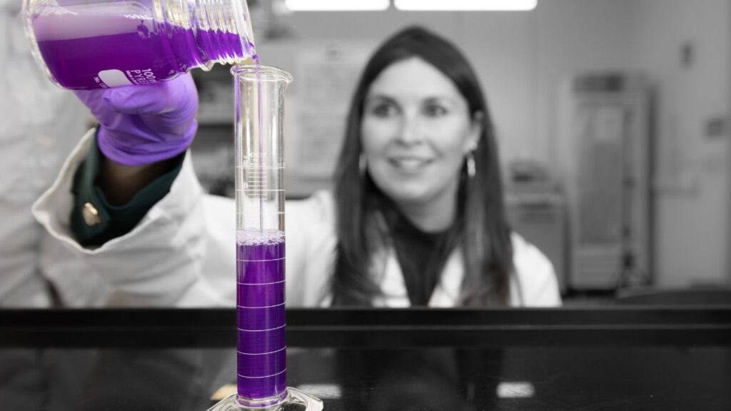 LambdaVision CEO Nicole Wagner working with bacteriorhodopsin, the purple protein used to create the company's artificial retinas.