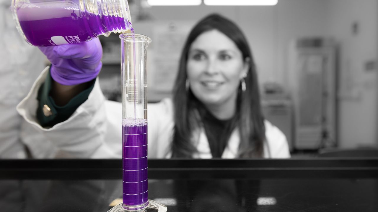 LambdaVision CEO Nicole Wagner working with bacteriorhodopsin, the purple protein used to create the company's artificial retinas.