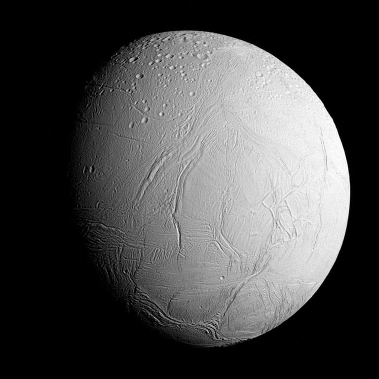Upward-9_2-ELVIS-Approaching-Enceladus NASA's Cassini spacecraft captured this view as it neared icy Enceladus for its closest-ever dive past the moon's active south polar region.
